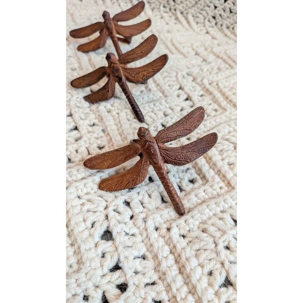 Set of 6 Vintage Pier 1 Cast Metal Dragonfly Napkin Rings Rustic Brown Decor